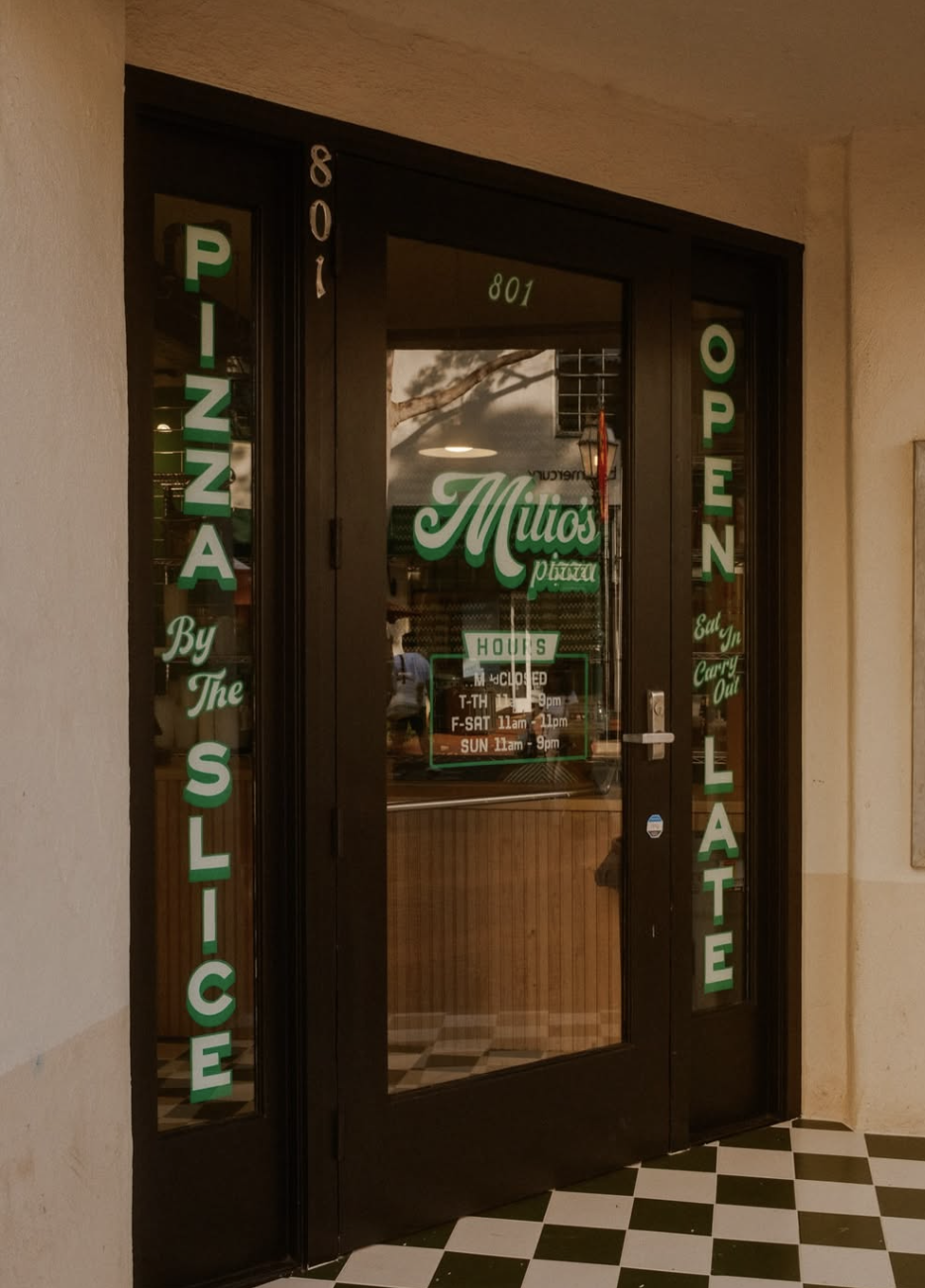 Milio's Pizza storefront at 801 State Street with Pizza By The Slice and Open Late lettering